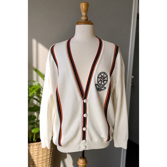 Leo Gemelli Other - Vintage 90s Nautical Compass Cardigan Coastal Grandpa Yacht Club Oversized UK